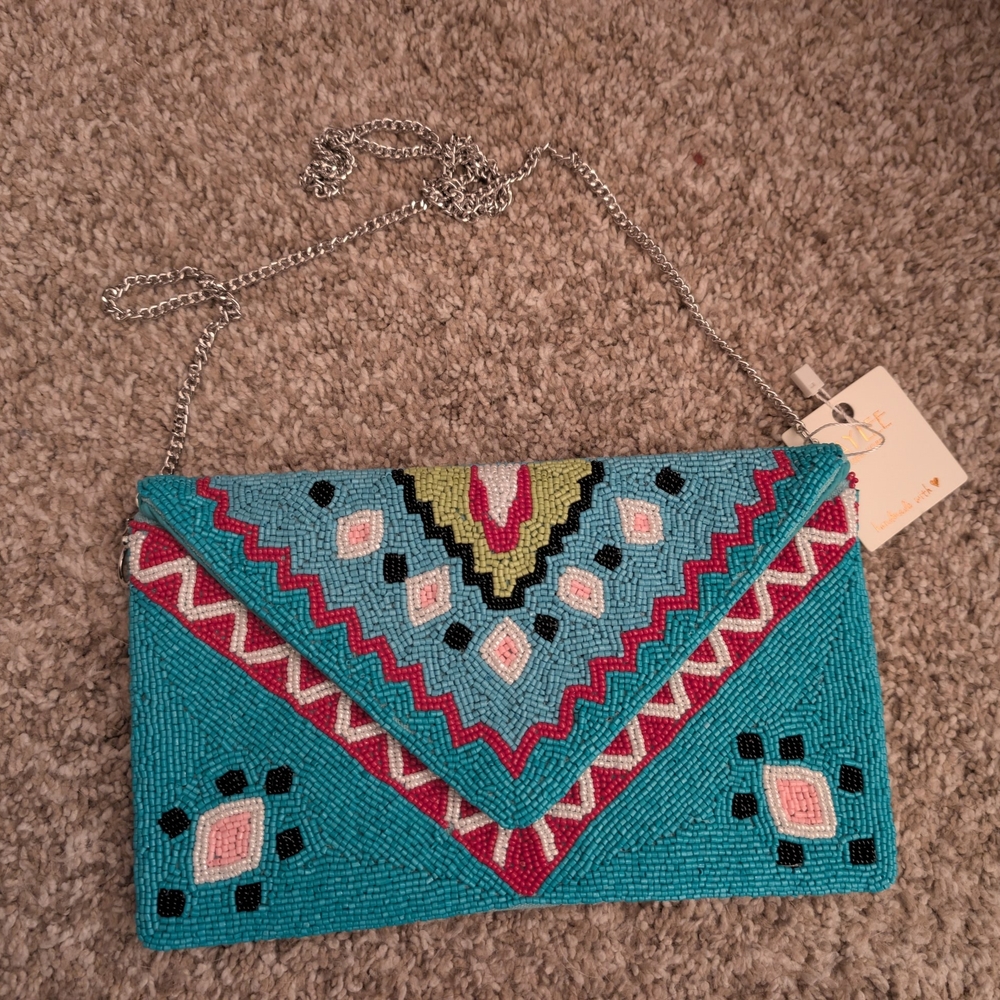 Turquoise Beaded Clutch with Chain Strap